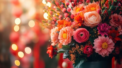 Spring festival celebration, close-up of vibrant flowers and traditional decorations, bright and joyful setting