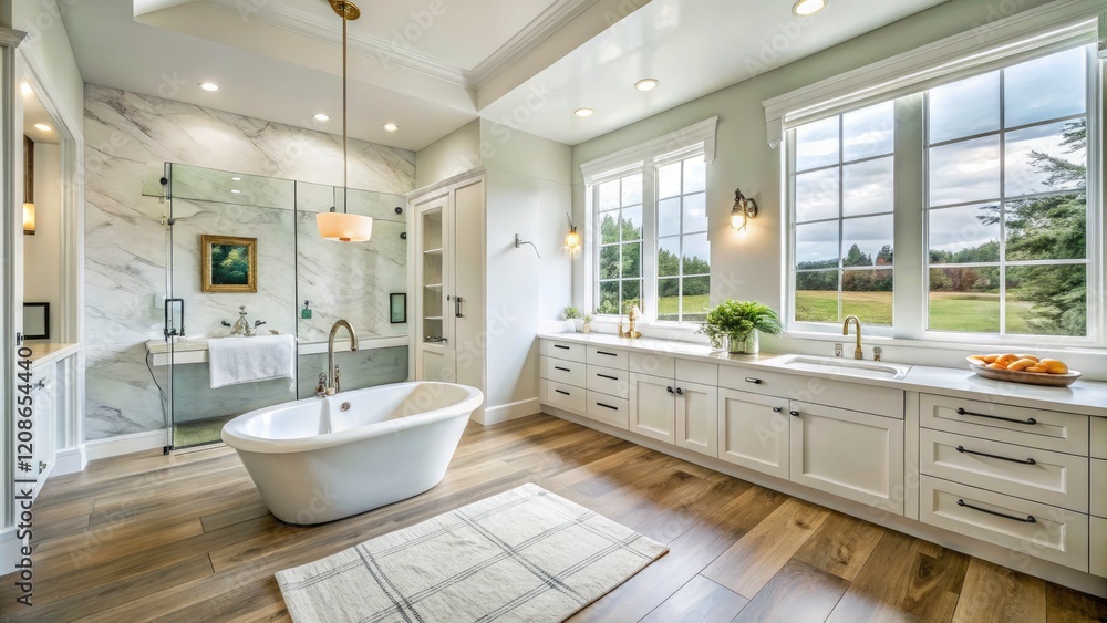 Drone captures a stunning modern farmhouse master bathroom; white ...