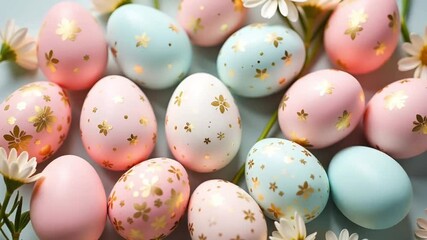 Wall Mural - easter background full of pastel colored eggs with golden ornaments and some daisies around video