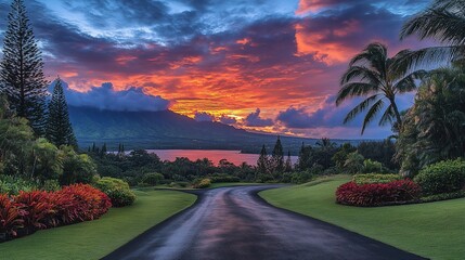 Wall Mural - Tropical sunset over lake, winding road, lush landscape. Vacation postcard