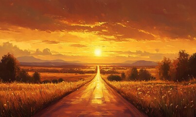 Wall Mural - Sunset road journey, countryside landscape, golden hour, travel