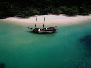 Poster - Sailboat Anchored in Turquoise Waters near Tropical Island with Lush Forest