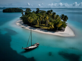 Poster - Sailboat Anchored Near a Tropical Island Paradise in the Turquoise Ocean