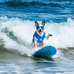 Dog Surfing a Wave with Sunglasses and Life Vest Enjoys Ocean Waters