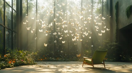 Butterflies fly above chair in indoor garden with sunbeams, could be used for art