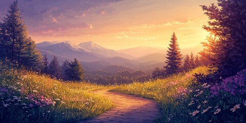 Wall Mural - Sunset Mountain Path Wildflower meadow trail, scenic sunrise backdrop, idyllic nature scene