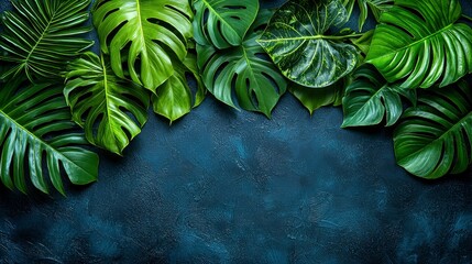 Wall Mural - Lush tropical leaves border on dark background.