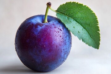 Single plum with a rich purple skin showing its natural waxy texture isolated against a clean white backdrop