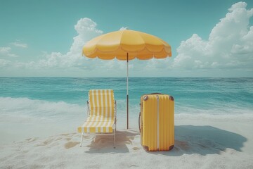 3D render of beach umbrella, yellow-striped chair, and suitcase on sand, minimal summer concept with pastel blue background.