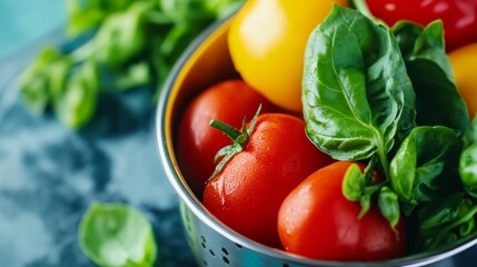 Wall Mural - a metal colander filled with tomatoes and basil leaves on a blue surface