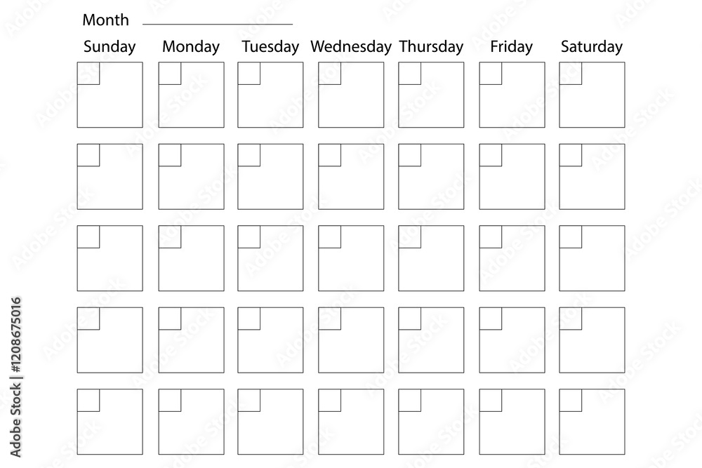 Blank monthly calendar. Grid layout template. Days of the week. Minimal ...