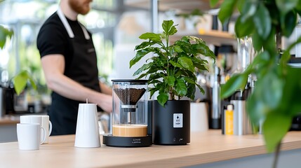 Coffee brewing process with coffee plant on cafe counter.