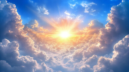 Poster - Sun Rays Shine Through Fluffy Clouds with Beautiful Colors in Blue Sky