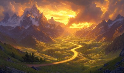 Wall Mural - Serene sunset valley road, majestic mountains, golden light