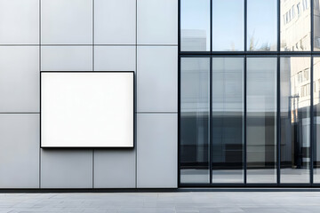 Wall Mural - Blank billboard displays information on a modern building facade near a large glass window with urban reflection.