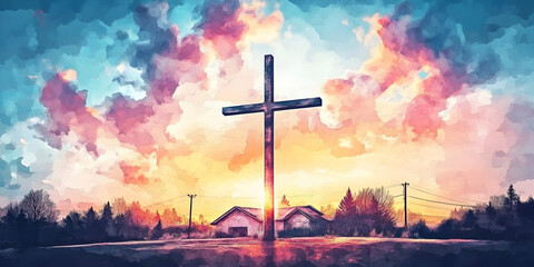 Poster - Watercolor Painting of a Cross at Sunrise with a Small House Silhouetted Against the Sky