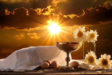 Poster - Golden Sunset Illuminates Chalice, Eggs, and Flowers on Rustic Table