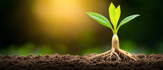 Wall Mural - Sprout emerging from soil with bright light in the background showing growth and nature