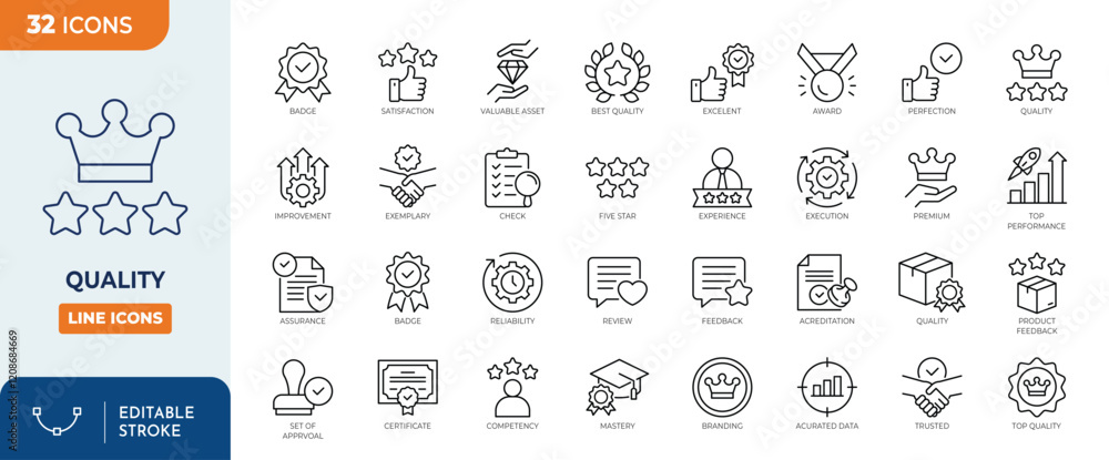 Quality Note Icon Quality icon set. Outline Icon Collection. Vector illustration ...