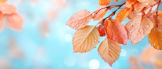 Poster - Autumn leaves with water drops on a branch against a blurred sky with bokeh effect