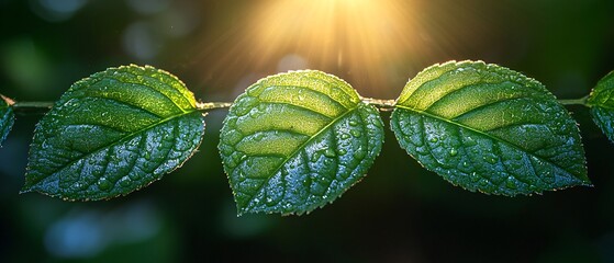 Wall Mural - Three green leaves with water drops illuminated by bright sunlight on a dark background