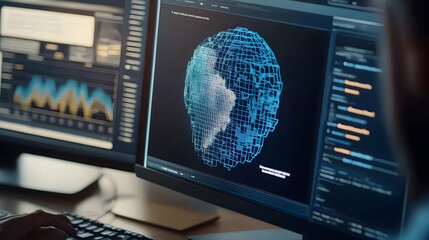 Digital Sphere Visualization Shows Complex Data Structure Being Analyzed on Computer Screen by Developer.