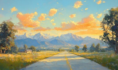 Wall Mural - Mountain road sunset, valley landscape, summer travel