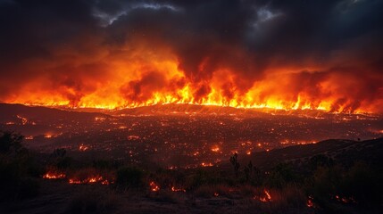 Wall Mural - Nighttime wildfire raging across hills and town.