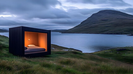 Wall Mural - Modern Cabin Overlooks a Serene Lake and Mountain at Dusk with Grassy Hillside in Foreground