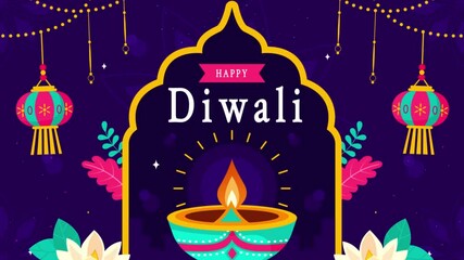 Wall Mural - Animation of Diwali Festival of Lights Vector Illustration featuring Traditional Indian Rangoli Decoration, Festive Lamp and Fireworks in a Background