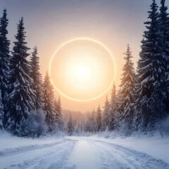 Canvas Print - Snowy Road Winds Through a Winter Forest with a Glowing Circle in the Sky during Dawn