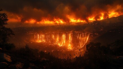 Wall Mural - Nighttime wildfire, intense flames engulfing hills.