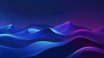 Wall Mural - abstract digital landscape with curved waves in deep blue and purple tones under a starry night sky 