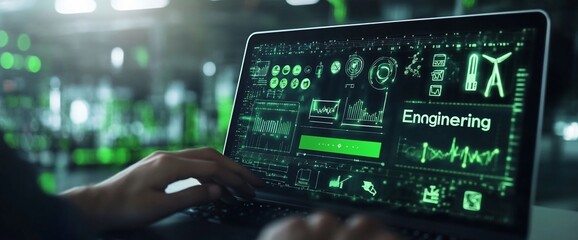 Engineer using laptop with engineering data displayed on screen.