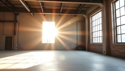 Aufkleber - Sunlight streams through a large window, flooding an empty industrial loft with warm, natural light
