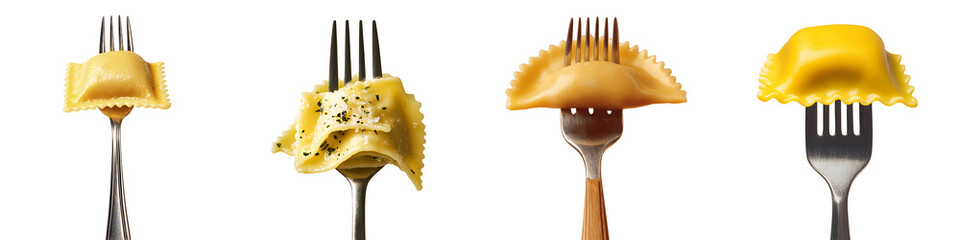 Wall Mural - Set of pasta ravioli on a fork, isolated on a transparent background.