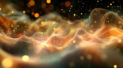 Wall Mural - a digital landscape of flowing waves and particles, representing data visualization or abstract tech