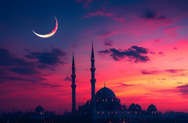 Wall Mural - Crescent Moon over Mosque at Vivid Sunset