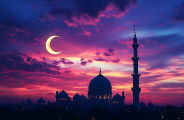 Wall Mural - Majestic Mosque Silhouette Against Vibrant Sunset Sky