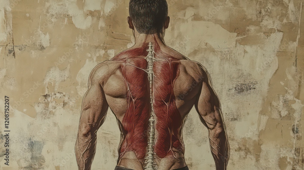 Muiscular Back A muscular back with a highlighted spine and nerve pathways ...