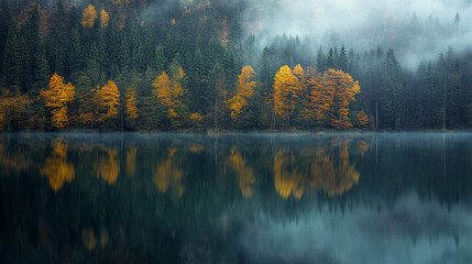 Wall Mural - Autumn trees reflecting on calm lake at dawn in misty forest