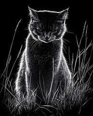 Poster - A grayscale illustration of a cat sitting in tall grass.