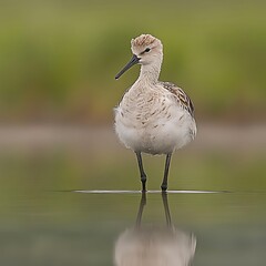 Wall Mural - A juvenile bird wading in shallow water, reflected in the calm surface.