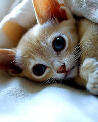 Canvas Print - Adorable cream kitten nestled in soft white bedding, large eyes.