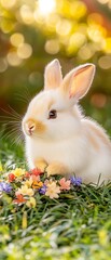 Poster - Adorable fluffy bunny sitting amidst colorful flowers in a sunlit meadow.