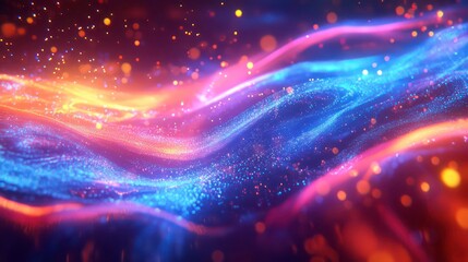 Abstract digital waves in neon blue, pink, and orange colors with glowing particles.