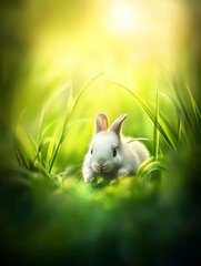 Canvas Print - Adorable white bunny rabbit nestled in vibrant green grass, bathed in warm sunlight.