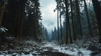 Wall Mural - Snow-covered forest path under cloudy sky in winter season