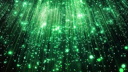 Wall Mural - abstract green digital landscape with glowing fiber-optic strands and particles