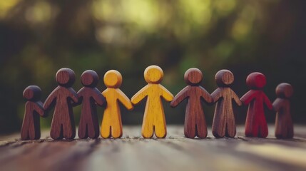 abstract Multi ethnic or diverse Community strength solidarity unity and Teamwork collaboration concept with wooden people holding hands together